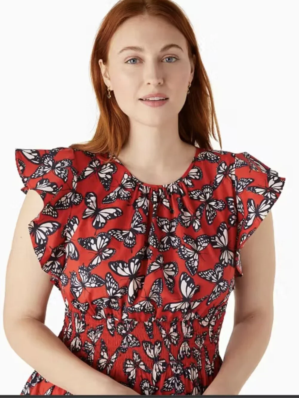 Kate Spade XL Dress Red Butterfly 🦋 Print Blake Flutter Sleeves Smocked Waist